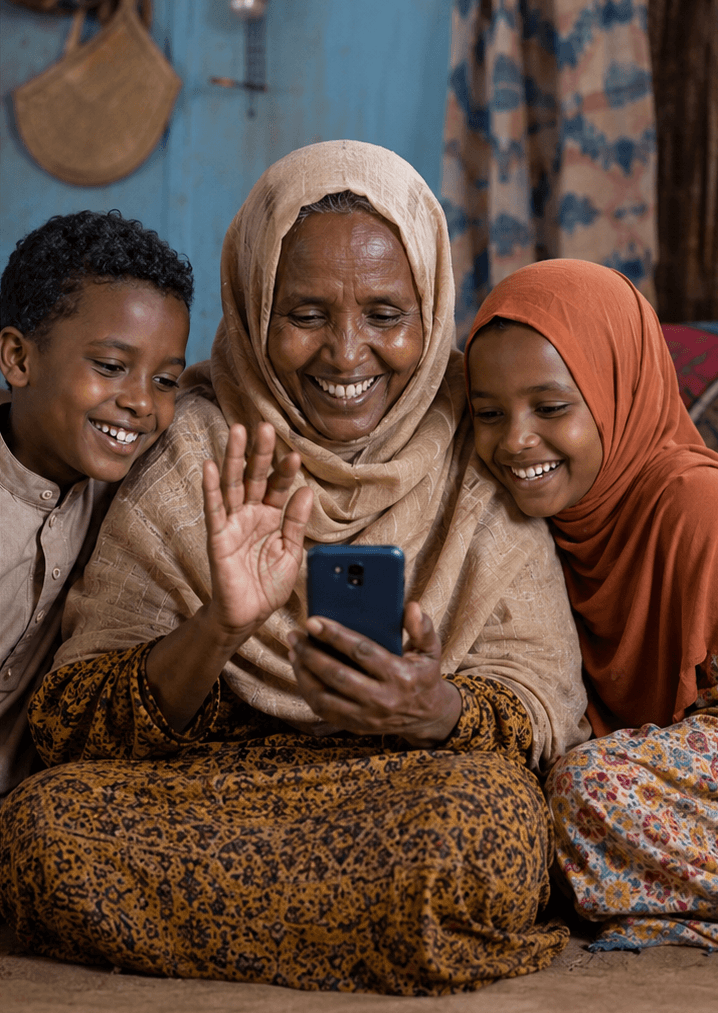 A grandmother and children connecting by phone