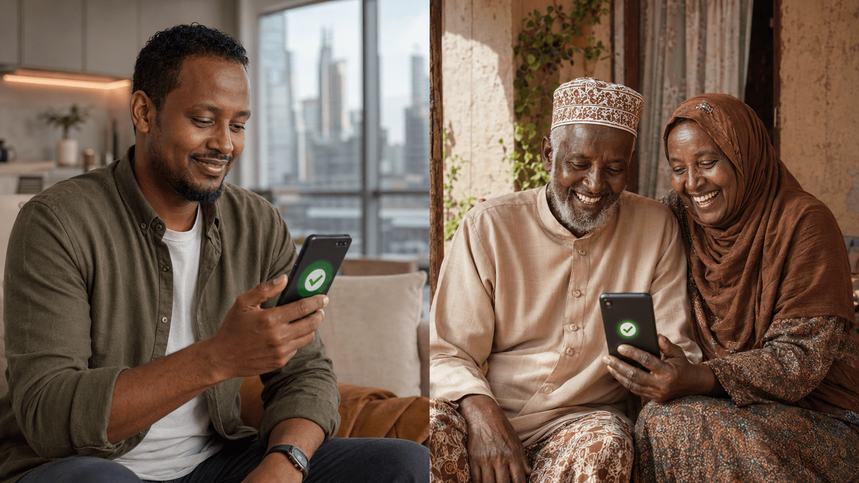 A man checking his phone and family members receiving an update